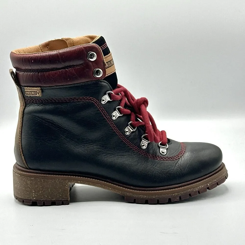Pikolinos Aspe Leather Boots Womens 7.5-8 EU 38 Black Zip Hiker Red Lace Lug